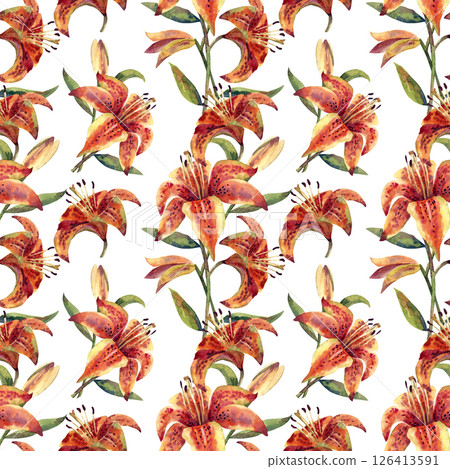 Illustrations of flowers: yellow hibiscus and orange lily. Seamless pattern. Floral watercolor illustrations. Illustrations of flowers: yellow hibiscus and orange lily. Seamless pattern. Floral watercolor illustrations. 126413591