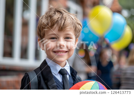 Smiling schoolboy holding flags on first day at international school 126413773