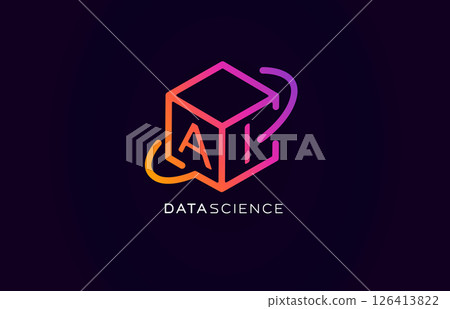 Lines 3D cube, Data science AI logo in futuristic neon style for tech branding, machine learning tools, big data analytics. Modern abstract bigdata icon. Vector illustration 126413822