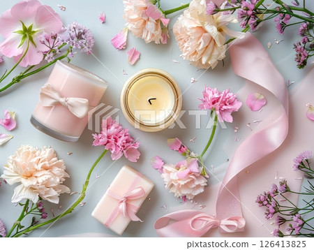 Flat Lay with Roses, Candles and Skincare Flat Lay with Roses, Candles and Skincare 126413825