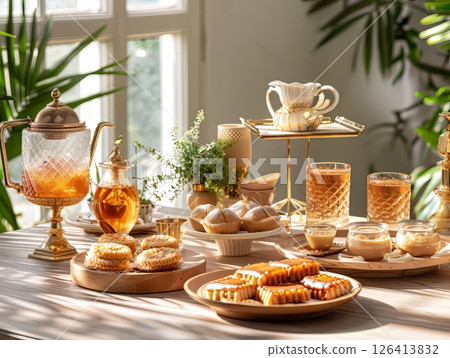 Elegant Tea Set with Sweets and Flowers Elegant Tea Set with Sweets and Flowers 126413832