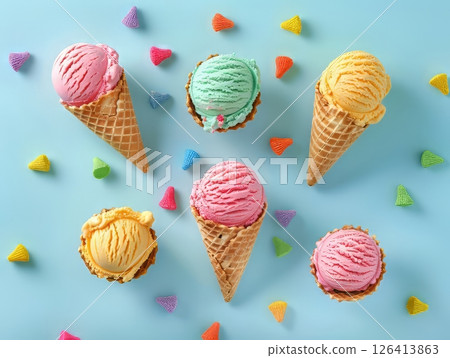 Colorful Ice Cream Cones With Candy Top View Colorful Ice Cream Cones With Candy Top View 126413863