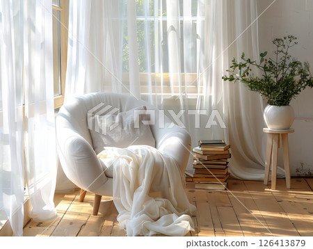 Cozy Reading Corner With Bookshelf And Sunlight Cozy Reading Corner With Bookshelf And Sunlight 126413879