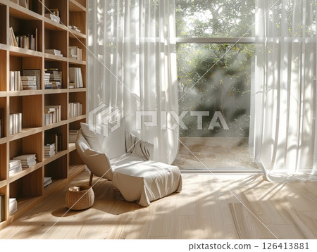 Cozy Reading Corner With Bookshelf And Sunlight 126413881