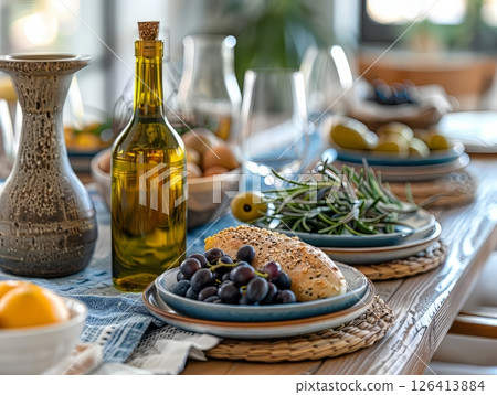 Festive Dinner Table With Candlelight And Food 126413884