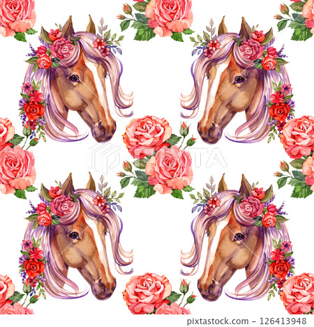 Horses and roses. Beautiful seamless pattern featuring elegant horses with flowing manes, perfect for fabric, wallpaper, or stationery designs. 126413948