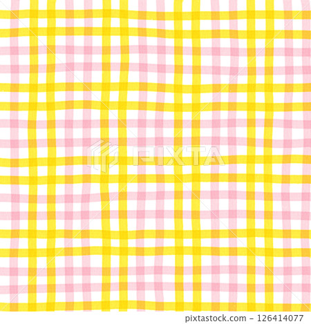 Pink Yellow Plaid Gingham Check Hand Drawn Background Pattern Overlay 126414077