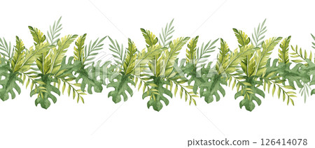 Watercolor Tropical Leaves horizontal seamless border pattern. Eucalyptus, Monstera and Banana Palm. Hand drawn botanical exotic illustration. Can be used for packaging, adhesive tape, textile prints Watercolor Tropical Leaves horizontal seamless border pattern. Eucalyptus, Monstera and Banana Palm. Hand drawn botanical exotic illustration. Can be used for packaging, adhesive tape, textile prints 126414078