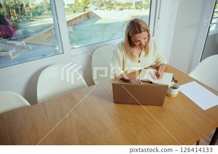 Woman Teleworking from Home with Notebook and Laptop in Minimalist Setup Woman Teleworking from Home with Notebook and Laptop in Minimalist Setup 126414133