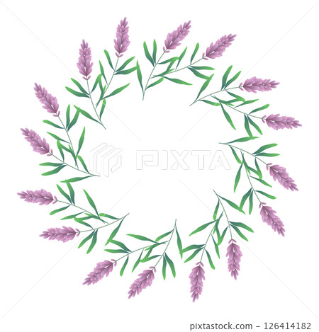 Green round frame with decorative foliage and flowers lavender. Abstract botanical illustration ideal for banners, greeting cards, and invitations. Vector artwork 126414182