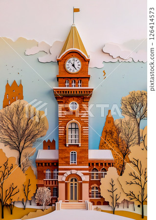Paper-cut style illustration of the Water Tower. 126414573