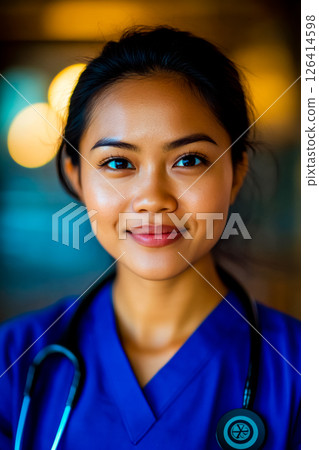 Portrait of a 23-year-old Filipino female nurse, wearing blue scrubs and a stethoscope. 126414598