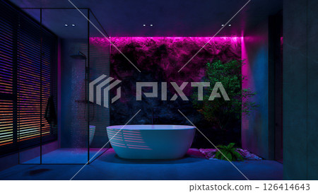 Modern Bathroom with colored led Lighting and Plants 126414643
