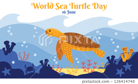 Adorable World Turtle Day card with a cheerful cartoon turtle swimming in a vibrant underwater landscape. Flat style poster includes sea plants and marine elements to raise awareness for turtles. Adorable World Turtle Day card with a cheerful cartoon turtle swimming in a vibrant underwater landscape. Flat style poster includes sea plants and marine elements to raise awareness for turtles. 126414748