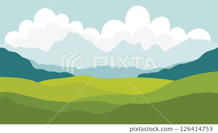 Peaceful hills landscape with gentle slopes, soft curves, and natural colors. A calm and open scene showcasing layered green hills under a wide sky, perfect for nature, travel, or background themes. 126414753