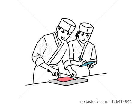 A male sushi chef instructing a new employee A male sushi chef instructing a new employee 126414944