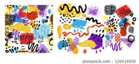 Set of decorative colored elements and Seamless background. hand drawn. Not AI. Vector illustration. Set of decorative colored elements and Seamless background. hand drawn. Not AI. Vector illustration. 126414950