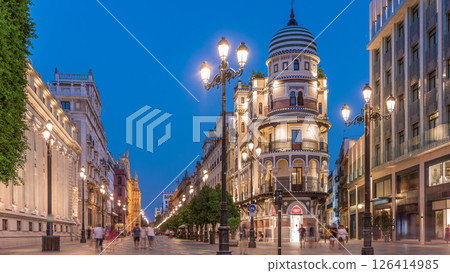 Illuminated Adriatica building on Avenida de la Constitucion at night, Seville, Spain Illuminated Adriatica building on Avenida de la Constitucion at night, Seville, Spain 126414985