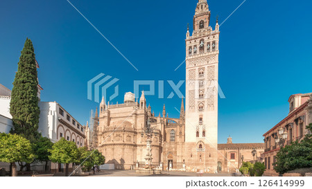 Seville Cathedral and Giralda Tower timelapse hyperlapse panorama, Spain Seville Cathedral and Giralda Tower timelapse hyperlapse panorama, Spain 126414999