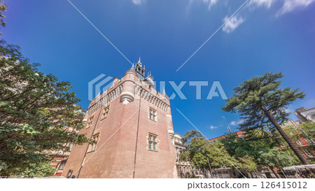 Renaissance dungeon clock tower and classical brick facade of the Capitole timelapse hyperlapse, city hall of Toulouse, France 126415012