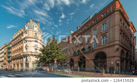 Panorama showing Rue de Metz timelapse in Toulouse, Occitanie, France, with historic facades 126415029