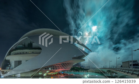 Aerial timelapse of the Palau de les Arts Reina Sofia in Valencia during a fireworks show. Spain Aerial timelapse of the Palau de les Arts Reina Sofia in Valencia during a fireworks show. Spain 126415039