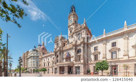 Valencia City Hall or Ajuntament de Valencia timelapse hyperlapse in Plaza de Ayuntamiento. Spain 126415040