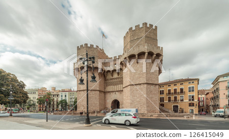 Serrans Towers or Torres de Serranos timelapse hyperlapse in Valencia, Spain. 126415049