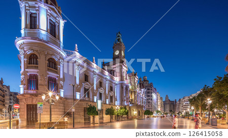 Valencia City Hall or Ajuntament de Valencia day to night timelapse hyperlapse in Plaza de Ayuntamiento. Spain 126415058