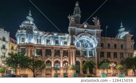 Historic Post Office in Valencia night timelapse hyperlapse at City Hall Square. Spain 126415059