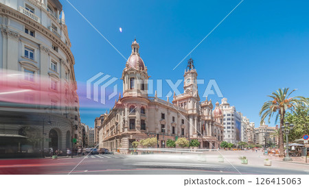 Valencia City Hall or Ajuntament de Valencia timelapse hyperlapse in Plaza de Ayuntamiento. Spain 126415063