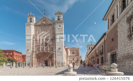 San Pablo Church in Valladolid with detailed facade and twin towers timelapse San Pablo Church in Valladolid with detailed facade and twin towers timelapse 126415076
