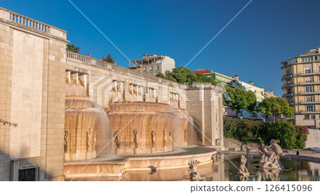 Fonte Luminosa fountain timelapse hyperlapse. Alameda public park in the city center. Lisbon. Portugal. 126415096