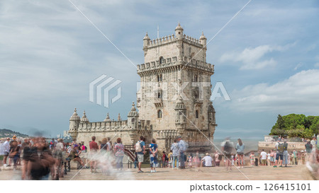 Torre de Belem or Belem Tower timelapse hyperlapse on the Rio Tejo in Belem district of the City of Lisbon in Portugal. 126415101