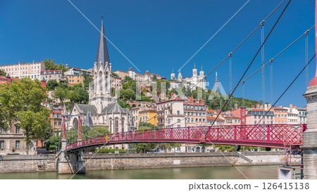 Timelapse hyperlapse of Saint George Church, Quais de Saone, and Fourviere Basilica from a footbridge in Vieux Lyon, France Timelapse hyperlapse of Saint George Church, Quais de Saone, and Fourviere Basilica from a footbridge in Vieux Lyon, France 126415138