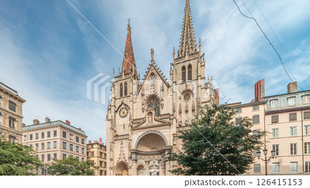 Hyperlapse of the Church of Saint-Nizier in the Presqu'ile district of Lyon, France. Hyperlapse of the Church of Saint-Nizier in the Presqu'ile district of Lyon, France. 126415153