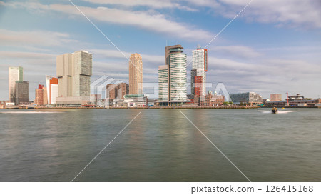 Panorama showing Rotterdam skyline timelapse from Nieuwe Maas River. Netherlands 126415168