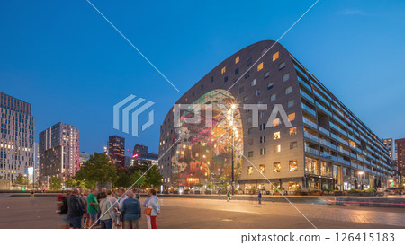 Hyperlapse of the Rotterdamse Markthal's exterior day to night timelapse. Netherlands 126415183