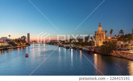 Guadalquivir River near Torre del Oro day to night timelapse in Seville, Spain 126415191