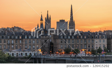 Panoramic view of Bordeaux city skyline day to night transition timelapse. France Panoramic view of Bordeaux city skyline day to night transition timelapse. France 126415202