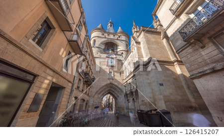 Porte Saint Eloi timelapse hyperlapse or Grosse Cloche, a medieval gothic gate in Bordeaux, France. 126415207