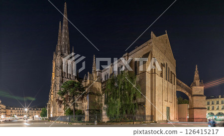Cathedrale Saint-Andre de Bordeaux night timelapse hyperlapse with twin spires. France 126415217
