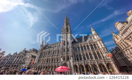 Timelapse hyperlapse of Town Hall on the Grand Place in Brussels, Belgium. Timelapse hyperlapse of Town Hall on the Grand Place in Brussels, Belgium. 126415226