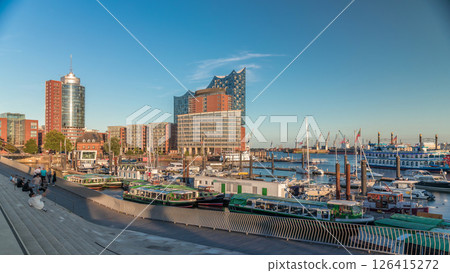 Jan Fedder Promenade timelapse hyperlapse in Hamburg, Germany, a vibrant waterfront area. 126415272