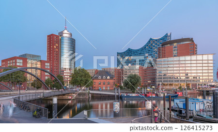 Jan Fedder Promenade day to night timelapse hyperlapse in Hamburg, Germany, a vibrant waterfront area. 126415273