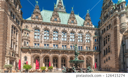 Hyperlapse of Hamburg City Hall with Hygieia Fountain in the courtyard near market square and Binnenalster, Germany 126415274
