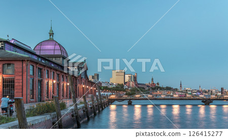 Hyperlapse of Altona Fish Market in Hamburg transition from day to night. Germany 126415277