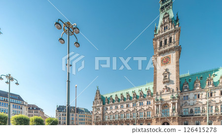 Panorama showing a building of the Hamburg City Hall timelapse, the seat of the government of Hamburg, Germany 126415278