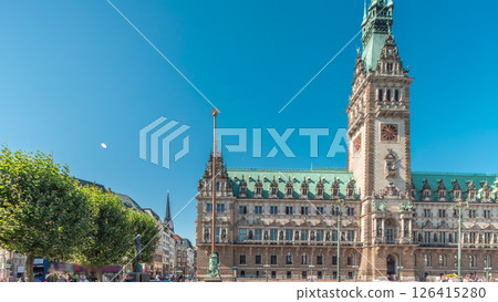 Panorama showing a building of the Hamburg City Hall timelapse, the seat of the government of Hamburg, Germany 126415280