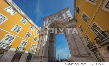 Rua Augusta Arch timelapse hyperlapse on Praca do Comercio. Lisbon, Portugal, Europe. 126415300